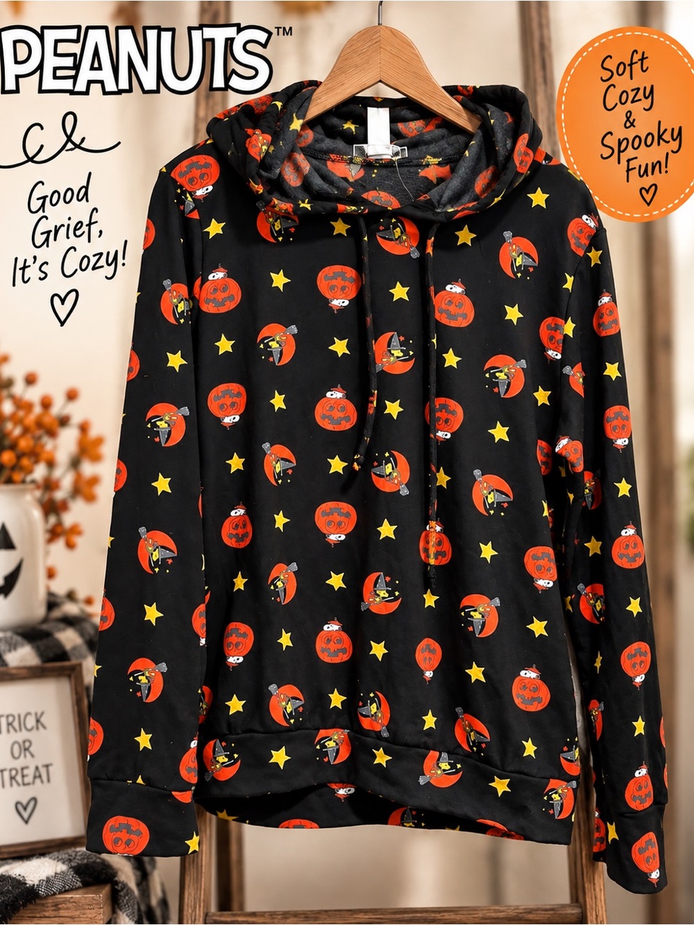 Peanuts Black Halloween Pumpkin Hooded Sweatshirt with Orange and Yellow Accents